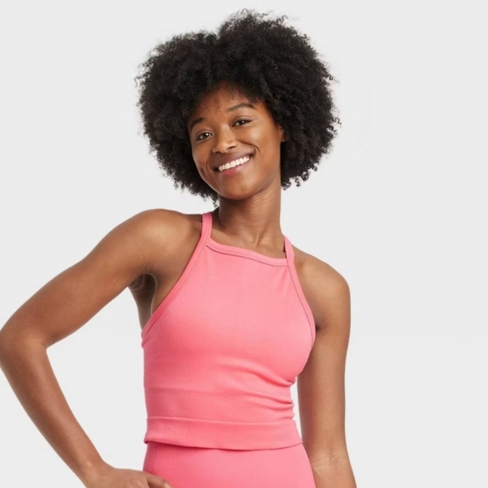 Women's Seamless Rib Cropped High Neck Tank Top - All In Motion Coral Pink XL